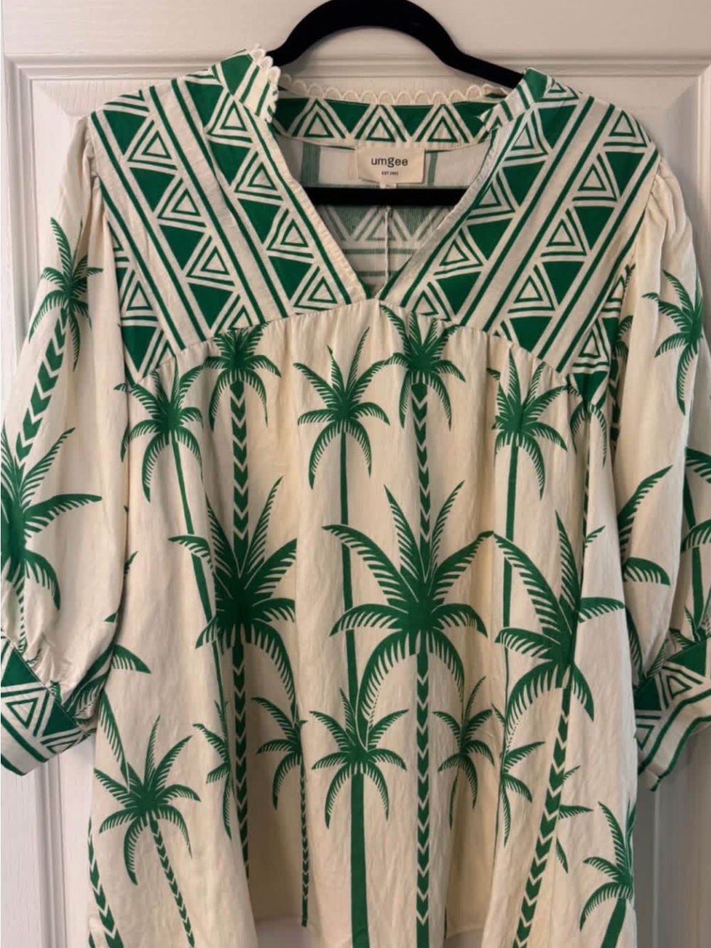 Umgee Cream Blouse with Green Palm & Geo Yoke